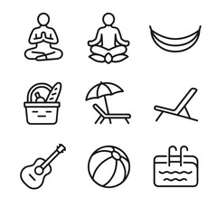 Set hammock guitar umbrella icon lotus beach deck yoga basket vector relaxation