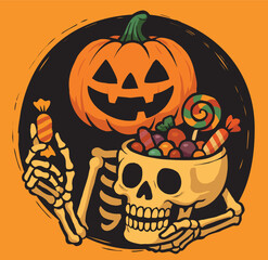 Spooky Halloween Illustration with Smiling Pumpkin, Skeleton Hands, and Skull Shaped Candy Bowl Filled with Colorful Sweets and Lollipops on Vibrant Orange Background