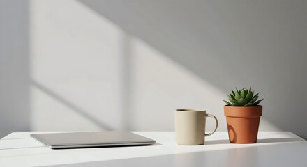 Clean office desk setup with computer and coffee mug
