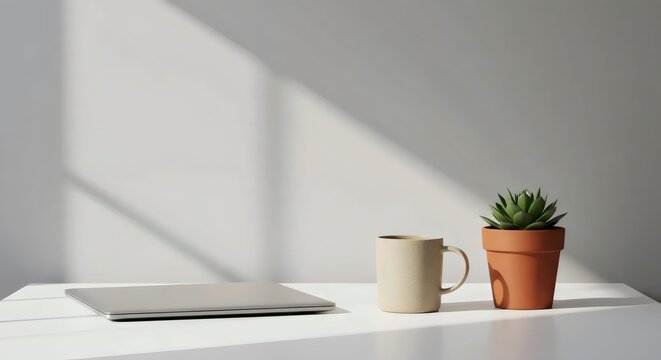 Clean office desk setup with computer and coffee mug - Powered by Adobe