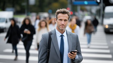 Man in business attire frozen at a crosswalk as commuters rush past, time pressure visible on his face, smartphone notifications popping in background signage city pressure, busine