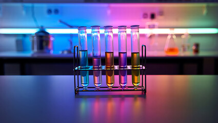 Test tubes with colorful liquids in a laboratory setting