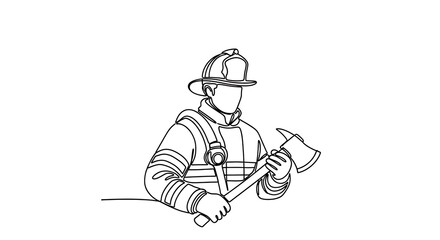 Firefighter Holding Axe Ready for Action in Line Art.