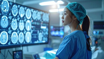 A focused medical professional in scrubs and cap examines detailed brain scans displayed on a large monitor in a brightly lit operating room.