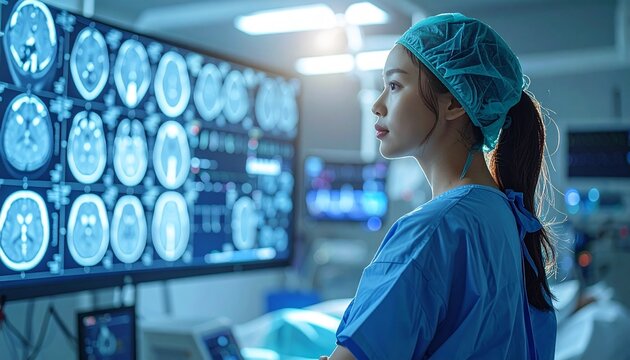 A focused medical professional in scrubs and cap examines detailed brain scans displayed on a large monitor in a brightly lit operating room. - Powered by Adobe