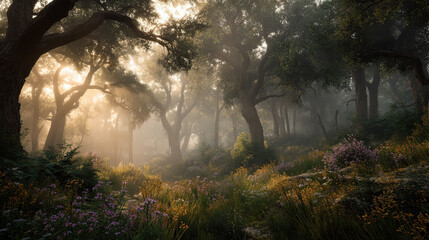 Obraz premium Misty enchanted forest with soft morning light
