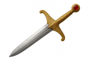 Ornate gold fantasy dagger with ruby pommel and medieval design, ancient weapon with transparent background