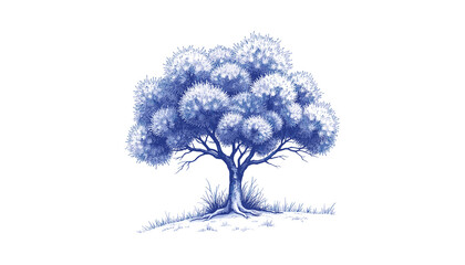 Vintage sketch of an Acacia tree in blue ink on white background  