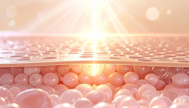 Close-up microscopic view of skin cells illuminated by bright, warm sunlight, showcasing a healthy, radiant surface with underlying cellular structure.