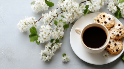 A warm cup of coffee rests on a plate, paired with a chocolate chip cookie, surrounded by vibrant lilac flowers, creating a cozy atmosphere