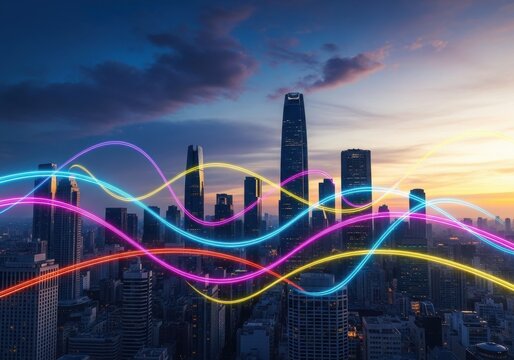 Futuristic cityscape with glowing light trails at dusk - Powered by Adobe
