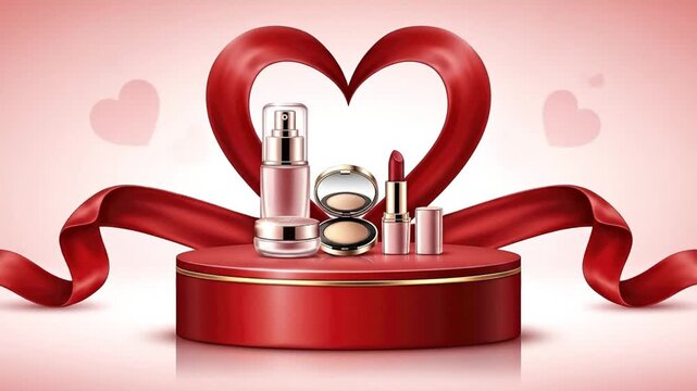 Cosmetics on a red platform with a heartshaped ribbon against a pink background with floating heart icons