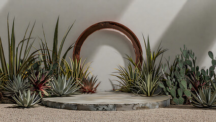 Desert plant display with stone podium and arch