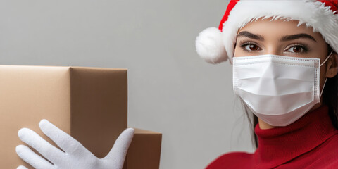 Christmas gift and food delivery with safety measures: couriers in masks and gloves. Female courier in Santa hat delivering food boxes to home, wearing mask and gloves.