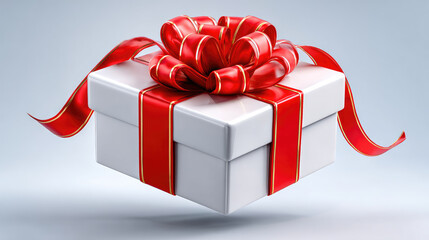 White gift box with a striking red bow and contrasting ribbon creating a classic. Elegant presentation. Floating against a simple grey background. Ideal for concepts of giving. Presents. And surprise