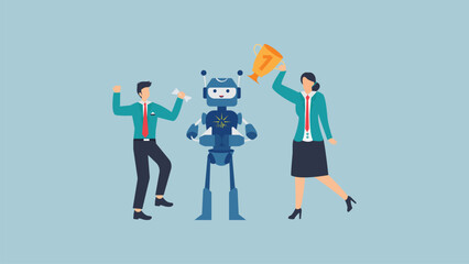 Business team celebrates success with a robot, holding a trophy, symbolizing teamwork and achievement
