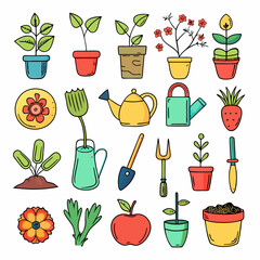 Colorful cartoon gardening elements for spring designs and projects