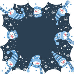 Christmas Frame with Cute Snowmen. Christmas Greeting  Card Template with Blank Space for Wishes. Holiday Border. Happy Snowmen in Hats, Scarves. Snowflakes. Vector in Blue, White on Dark Blue
