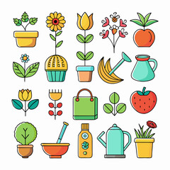 Collection of colorful garden elements and flower pot illustrations