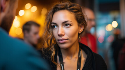 Eye-level shot at networking event, nametag half hidden, subject avoiding eye contact, loud bokeh lights in background networking fear, social discomfort, eye contact avoidance, cr