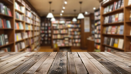 Wooden table in front of a blurred bookstore interior