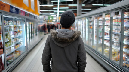 Supermarket aisle with subject frozen between choices while others pass, decision paralysis under fluorescent lights decision paralysis, public place anxiety, supermarket stress, c