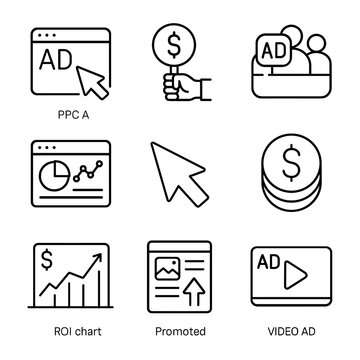 Advertising coin ppc dashboard vector video bidding roi campaign icon paid post