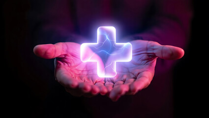 Glowing medical cross held in cupped hands with neon light