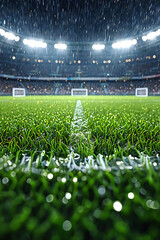 Rain falling on a green soccer field at a stadium