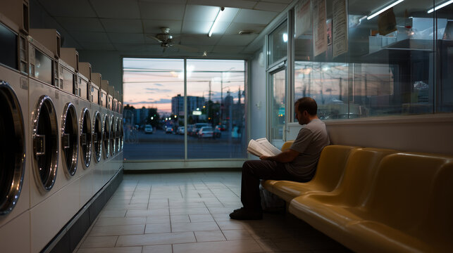 Laundromat with hum of machines, one person reading while waiting, fluorescent ambience, sense of transient life laundromat solitude, city routine, anonymous spaces, everyday lonel