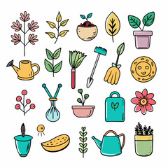 Cute hand-drawn gardening elements on white background illustration