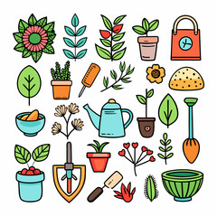 Colorful cartoon gardening icons and objects vector illustration