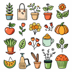 Cartoon illustration of potted plants, gardening items and food
