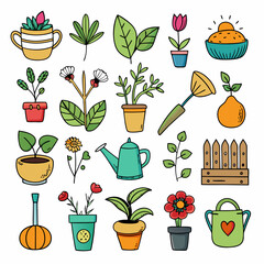 Hand-drawn gardening collection with plants, flowers and gardening tools