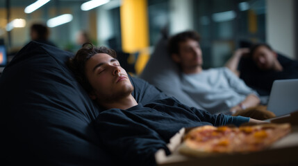 tartup office with young team sleeping on beanbags, pizza boxes, laptops everywhere startup burnout, young entrepreneurs, stress, overwork, exhaustion, late night office, modern hu