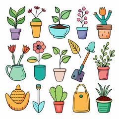 Playful gardening doodles featuring plants, flowers, tools, and accessories