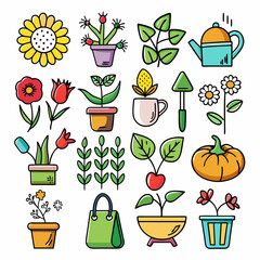 Collection of hand drawn garden plants and gardening tools