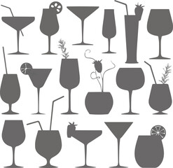 Collection of Silhouetted Cocktail Glasses and Drinks with Garnishes and Straws beverage