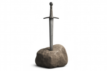 Ancient sword penetrating a large rock, symbolizing power, legend, and destiny, transparent background