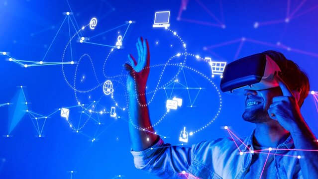 A young man enjoys an immersive virtual reality experience while wearing a headset, surrounded by vibrant digital graphics and data connections in a futuristic environment. Raster