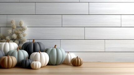 A beautiful arrangement of orange and white pumpkins in different sizes and textures is set against a rustic wooden backdrop