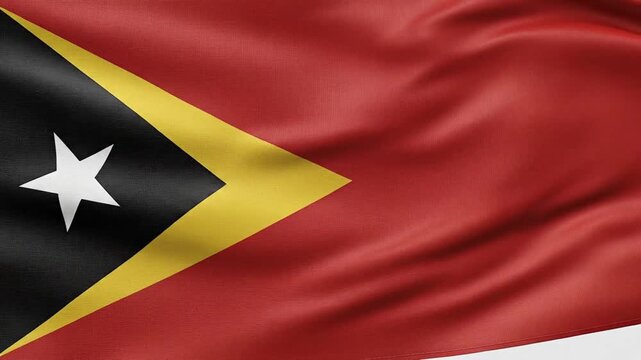 East Timors flag waving featuring a red field with black triangle and yellow stripe topped by a white star