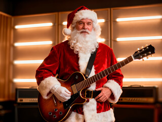 Santa Claus posing with an electric guitar in a recording studio