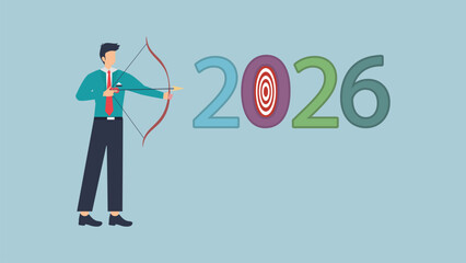 Businessman aiming for the year 2026 with a bow and arrow, symbolizing strategic planning