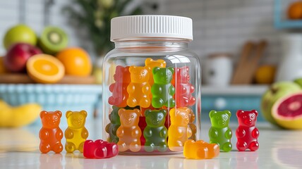 Clear bottles of gummy bear vitamins are placed in the kitchen with fruits in the background.