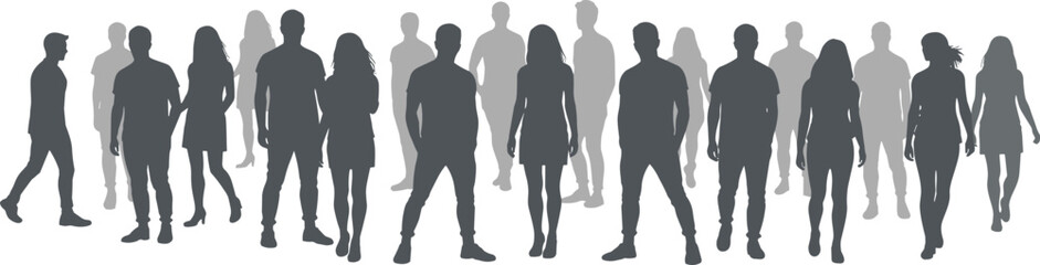 Silhouette illustration of multiple people standing together in crowd, symbolizing teamwork, diversity, community, society, and human connection