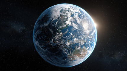 Planet Earth viewed from space with sunlight illuminating the horizon, showing blue oceans, green continents, and white clouds against the dark universe