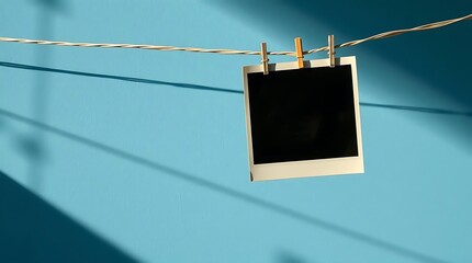 Jet black, old photograph on clothesline, on vintage blue background.