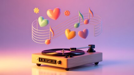Vintage record player with vinyl records, hearts, musical notes and flowers floating to the beat of the music.