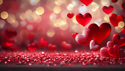 Romantic background with red hearts and bokeh lights